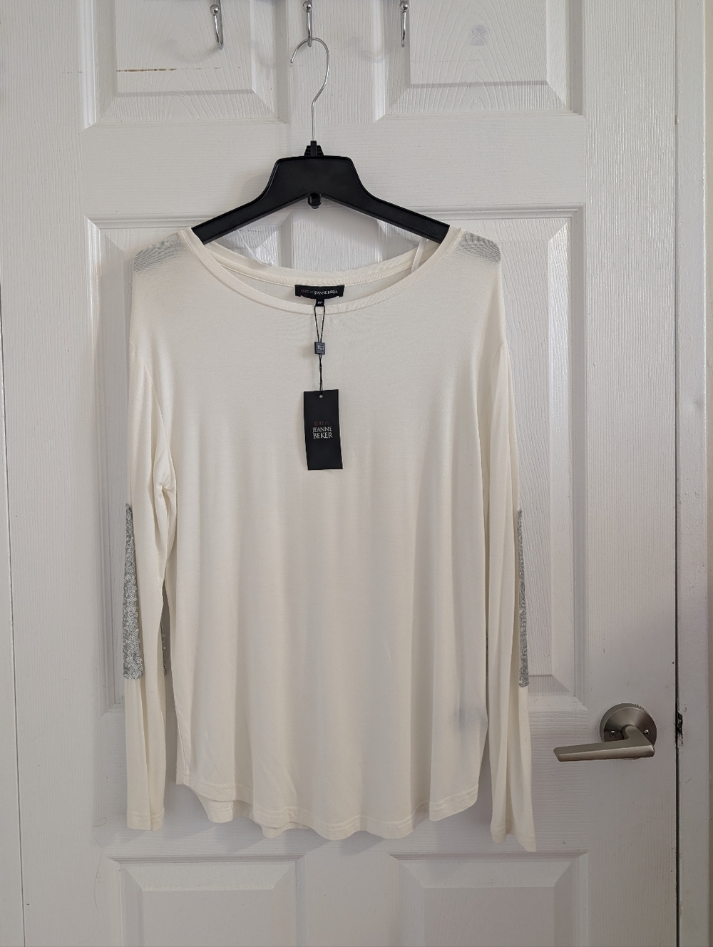 NWT Edit by Jeanne Beker White Long Sleeve Top Silver Sequin Elbow Patches S